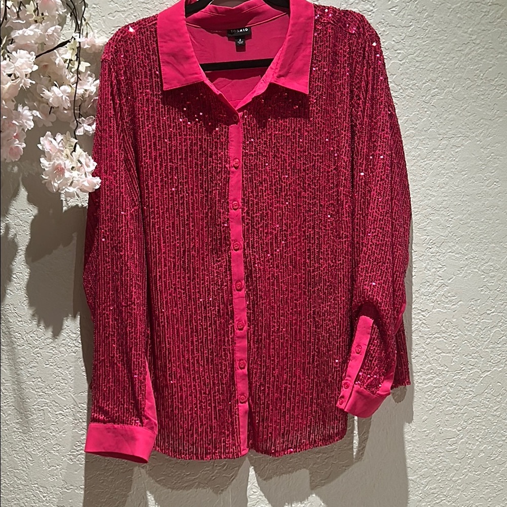 torrid Fuchsia Sequin Button-Up Blouse